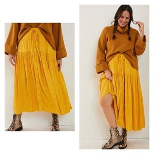 Anthropologie Maeve Carnacion Textured Yellow Maxi Skirt Button Pockets Size S